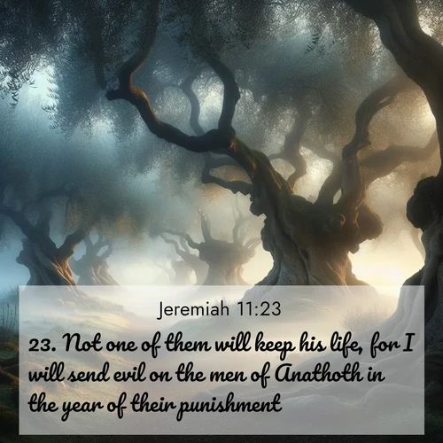 BBE Jeremiah 11:23 overlaying nature image scene: Mist rolls through an ancient olive grove at dawn. Each gnarled trunk tells stories of centuries past.;23. Not one of them will keep his life, for I will send evil on the men of Anathoth in the year of their punishment.