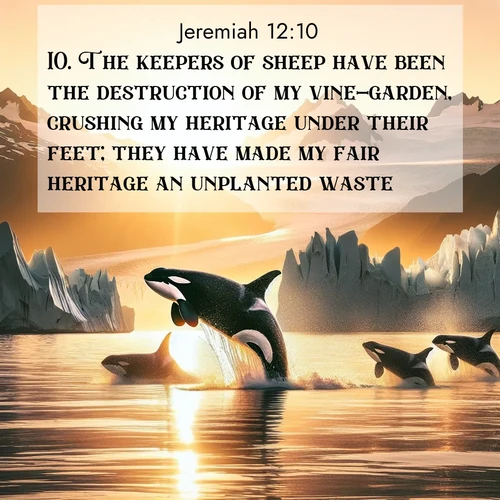 BasicEnglish Jeremiah  ; image nature: image with the bible verse :The keepers of sheep have been the destruction of my vine-garden, crushing my heritage under their feet; they have made my fair heritage an unplanted waste; ; Explore beautiful Bible verse images paired with serene natural settings, such as calm seas, snowy paths, and verdant hills. Each image is free to download for your spiritual inspiration. Share KJV Jeremiah 12:10. Current verse is overlayed with the thematic nature scene : Wild orcas breach in sunset-painted waters. Their splashes echo off glacier walls. ; 12:10
