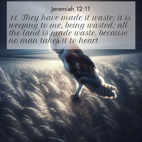 BasicEnglish Jeremiah  ; image nature: image with the bible verse :They have made it waste; it is weeping to me, being wasted; all the land is made waste, because no man takes it to heart. ; Explore Bible verse images highlighting the beauty of spring, with vibrant flowers, butterflies, and blossoming fruit trees. These scenes evoke divine hope and renewal. Download inspiring verses like KJV Jeremiah 12:11. Current verse is overlayed with the thematic nature scene : A barn owl quarters silent fields. Moonlight turns meadow grass to silver. ; 12:11