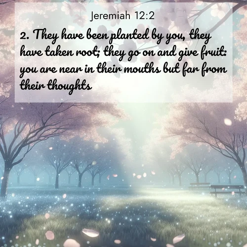 BasicEnglish Jeremiah  ; image nature: image with the bible verse :They have been planted by you, they have taken root; they go on and give fruit: you are near in their mouths but far from their thoughts. ; Admire Bible verse images featuring tranquil rivers, golden fields, and starry heavens. These free-to-download images make inspiring wallpapers or thoughtful gifts. Download KJV Jeremiah 12:2 now. Current verse is overlayed with the thematic nature scene : Spring rain falls on cherry trees in full bloom, petals drifting like snow. ; 12:2