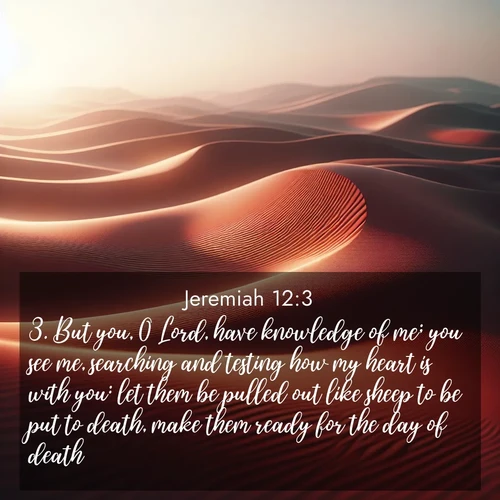 BasicEnglish Jeremiah  ; image nature: image with the bible verse :But you, O Lord, have knowledge of me; you see me, searching and testing how my heart is with you: let them be pulled out like sheep to be put to death, make them ready for the day of death. ; Dive into our collection of Bible verse images beautifully illustrated with beach photos, featuring gentle waves, sunsets over the sea, and sandy shores. These scenes evoke the peace and majesty of God. Download and share inspiring verses like KJV Jeremiah 12:3. Current verse is overlayed with the thematic nature scene : Desert wind sculpts abstract patterns in red sand. ; 12:3