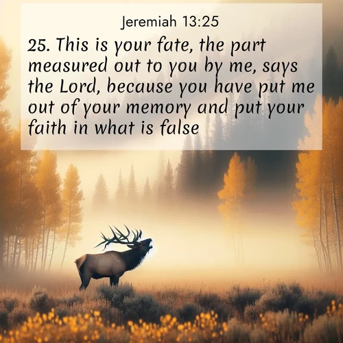 BasicEnglish Jeremiah  ; image nature: image with the bible verse :This is your fate, the part measured out to you by me, says the Lord, because you have put me out of your memory and put your faith in what is false. ; Dive into a gallery of Bible verses illustrated by tropical beach scenes, featuring sparkling waves, seashells, and radiant sunrises. These images evoke divine peace and joy. Download and share inspiring verses like KJV Jeremiah 13:25. Current verse is overlayed with the thematic nature scene : A bull elk bugles across a misty valley. Aspen leaves quake golden in response. ; 13:25