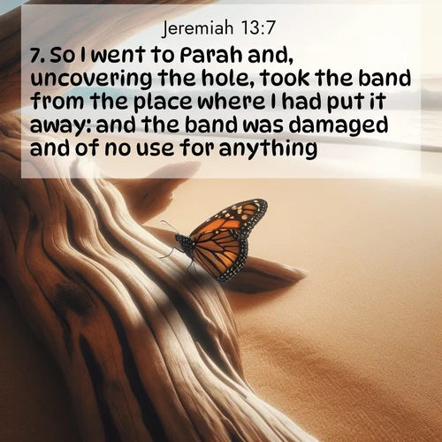 BasicEnglish Jeremiah  ; image nature: image with the bible verse :So I went to Parah and, uncovering the hole, took the band from the place where I had put it away: and the band was damaged and of no use for anything. ; Discover Bible verses beautifully integrated with natural scenes of varied seasons, featuring summer skies, winter snow, autumn leaves, and spring blooms. Each image captures the splendor and peace of God&#039;s creation. Share verses like KJV Jeremiah 13:7. Current verse is overlayed with the thematic nature scene : A single monarch butterfly alights on a sun-bleached driftwood log. Waves crash endlessly on the empty beach beyond. ; 13:7