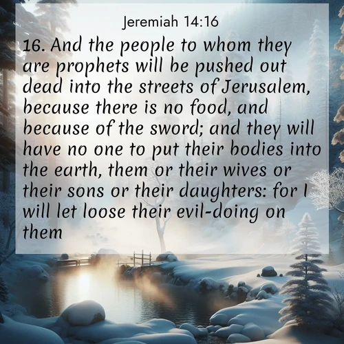 BasicEnglish Jeremiah  ; image nature: image with the bible verse :And the people to whom they are prophets will be pushed out dead into the streets of Jerusalem, because there is no food, and because of the sword; and they will have no one to put their bodies into the earth, them or their wives or their sons or their daughters: for I will let loose their evil-doing on them. ; Discover breathtaking Bible verse images combined with vibrant landscapes like rolling hills, blooming gardens, and starry nights. Use them as wallpapers or to inspire others. Download verses like KJV Jeremiah 14:16. Current verse is overlayed with the thematic nature scene : Morning mist rises from a hot spring in a snow-covered forest. ; 14:16