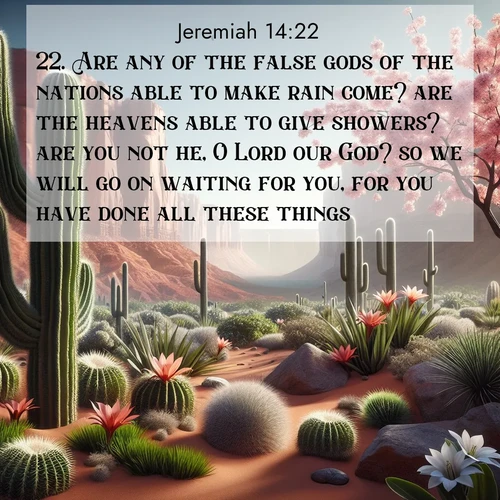 BasicEnglish Jeremiah  ; image nature: image with the bible verse :Are any of the false gods of the nations able to make rain come? are the heavens able to give showers? are you not he, O Lord our God? so we will go on waiting for you, for you have done all these things. ; Discover a rich selection of Bible verse images illustrated by natural landscapes like tranquil beaches, golden fields, and majestic trees. These images aim to capture the peace and beauty of God&#039;s creation, with vibrant colors and varied typography. Download and share inspiring verses like KJV Jeremiah 14:22. Current verse is overlayed with the thematic nature scene : Desert cacti burst with spring blooms against red sandstone formations. ; 14:22