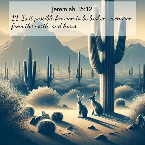 BasicEnglish Jeremiah  ; image nature: image with the bible verse :Is it possible for iron to be broken; even iron from the north, and brass? ; Dive into a gallery of Bible verses illustrated by tropical beach scenes, featuring sparkling waves, seashells, and radiant sunrises. These images evoke divine peace and joy. Download and share inspiring verses like KJV Jeremiah 15:12. Current verse is overlayed with the thematic nature scene : Desert jackrabbits pause in saguaro shade. Heat waves distort distant peaks. ; 15:12