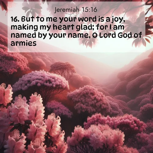 BasicEnglish Jeremiah  ; image nature: image with the bible verse :But to me your word is a joy, making my heart glad; for I am named by your name, O Lord God of armies. ; Admire Bible images representing autumn, with swirling leaves, misty skies, and vibrant trees. These images inspire profound spiritual reflection. Download and share verses like KJV Jeremiah 15:16. Current verse is overlayed with the thematic nature scene : Mountain laurel blooms paint hillsides pink. Spring breezes carry their honey scent. ; 15:16
