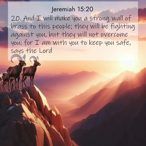 BasicEnglish Jeremiah  ; image nature: image with the bible verse :And I will make you a strong wall of brass to this people; they will be fighting against you, but they will not overcome you: for I am with you to keep you safe, says the Lord. ; Admire Bible images evoking autumn, with warm colors of fallen leaves, harvested fields, and tranquil woods. These inspiring landscapes reflect the transition and beauty of God&#039;s creation. Download verses like KJV Jeremiah 15:20. Current verse is overlayed with the thematic nature scene : Desert bighorns pause on a knife-edge ridge. Sunset paints their horns in gold. ; 15:20