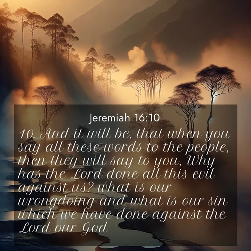 BasicEnglish Jeremiah  ; image nature: image with the bible verse :And it will be, that when you say all these words to the people, then they will say to you, Why has the Lord done all this evil against us? what is our wrongdoing and what is our sin which we have done against the Lord our God? ; Browse Bible images illustrated by desert landscapes, with endless skies, golden dunes, and isolated palm trees. These images evoke the calm and grandeur of God&#039;s creation. Download inspiring verses like KJV Jeremiah 16:10. Current verse is overlayed with the thematic nature scene : Morning mist rises from thermal pools. Steam dragons dance in golden light. ; 16:10