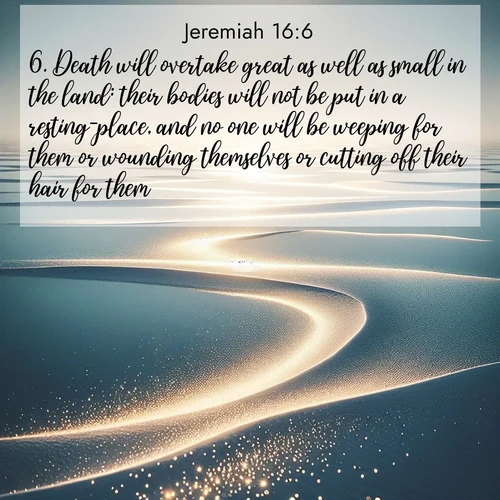 BasicEnglish Jeremiah  ; image nature: image with the bible verse :Death will overtake great as well as small in the land: their bodies will not be put in a resting-place, and no one will be weeping for them or wounding themselves or cutting off their hair for them: ; Browse our selection of stunning Bible verse images featuring unique natural scenes like fiery autumn forests, serene meadows, and starlit skies. Download and share verses like KJV Jeremiah 16:6 for free. Current verse is overlayed with the thematic nature scene : Summer heat waves ripple above salt flats stretching to the horizon. ; 16:6