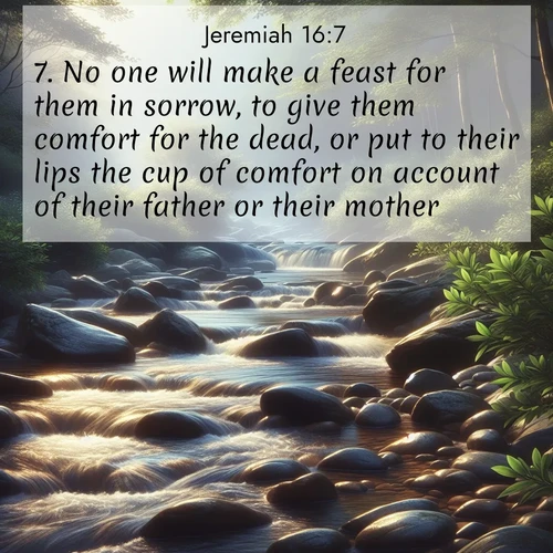 BasicEnglish Jeremiah  ; image nature: image with the bible verse :No one will make a feast for them in sorrow, to give them comfort for the dead, or put to their lips the cup of comfort on account of their father or their mother. ; Admire Bible verse images illustrated by desert scenes, such as sunsets over dunes, majestic rocks, and solitary cacti. These images capture the majesty of God in arid places. Download and share verses like KJV Jeremiah 16:7. Current verse is overlayed with the thematic nature scene : A mountain stream tumbles over smooth rocks between banks of mountain laurel. ; 16:7
