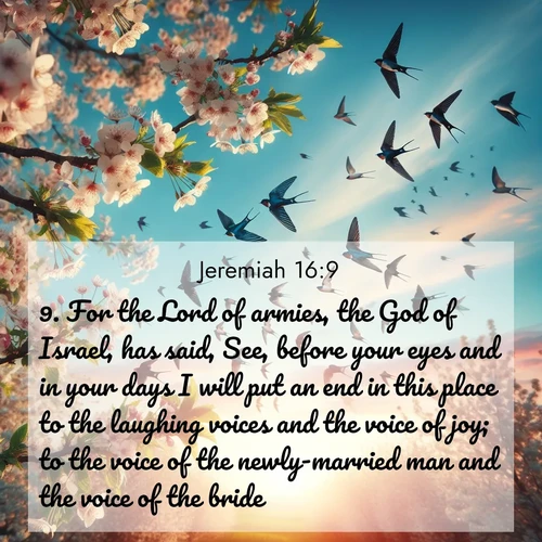 BasicEnglish Jeremiah  ; image nature: image with the bible verse :For the Lord of armies, the God of Israel, has said, See, before your eyes and in your days I will put an end in this place to the laughing voices and the voice of joy; to the voice of the newly-married man and the voice of the bride. ; Discover Bible verses beautifully integrated with natural scenes of varied seasons, featuring summer skies, winter snow, autumn leaves, and spring blooms. Each image captures the splendor and peace of God&#039;s creation. Share verses like KJV Jeremiah 16:9. Current verse is overlayed with the thematic nature scene : Spring migration fills the sky with countless swallows. ; 16:9
