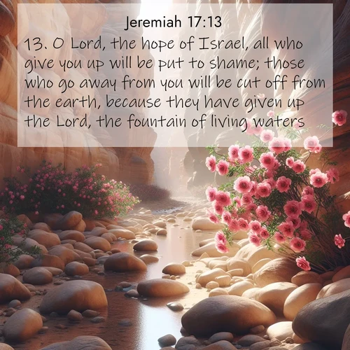 BasicEnglish Jeremiah  ; image nature: image with the bible verse :O Lord, the hope of Israel, all who give you up will be put to shame; those who go away from you will be cut off from the earth, because they have given up the Lord, the fountain of living waters. ; Download Bible verse images paired with breathtaking nature photos like golden deserts, shimmering seas, and blossoming orchards. These high-quality, free images are perfect for wallpapers or sharing. Verses include KJV Jeremiah 17:13. Current verse is overlayed with the thematic nature scene : Desert roses bloom in a hidden canyon after rare rainfall. Their pink petals contrast against weathered sandstone walls. ; 17:13