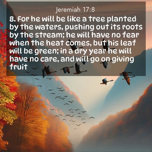 BasicEnglish Jeremiah  ; image nature: image with the bible verse :For he will be like a tree planted by the waters, pushing out its roots by the stream; he will have no fear when the heat comes, but his leaf will be green; in a dry year he will have no care, and will go on giving fruit. ; Explore a unique collection of Bible verses illustrated by winter landscapes, such as snowy mountains, frosty forests, and starry skies. These images capture the peace and beauty of winter. Share verses like KJV Jeremiah 17:8. Current verse is overlayed with the thematic nature scene : Wild geese arrow through autumn skies. Their calls echo off mountain walls. ; 17:8