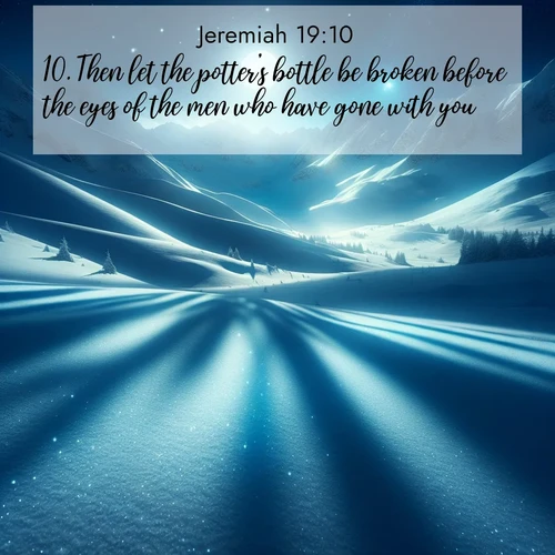 BasicEnglish Jeremiah  ; image nature: image with the bible verse :Then let the potter&#039;s bottle be broken before the eyes of the men who have gone with you, ; Browse a gallery of Bible verses paired with summer scenes, such as golden wheat fields, bright skies, and sunny beaches. These images convey the joy and warmth of God&#039;s creation. Download and share verses like KJV Jeremiah 19:10. Current verse is overlayed with the thematic nature scene : Moonlight illuminates the snowy mountain peaks, casting blue shadows across untouched powder. ; 19:10