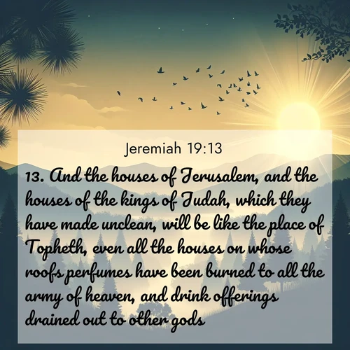 BasicEnglish Jeremiah  ; image nature: image with the bible verse :And the houses of Jerusalem, and the houses of the kings of Judah, which they have made unclean, will be like the place of Topheth, even all the houses on whose roofs perfumes have been burned to all the army of heaven, and drink offerings drained out to other gods. ; Explore a unique collection of Bible verses illustrated by winter landscapes, such as snowy mountains, frosty forests, and starry skies. These images capture the peace and beauty of winter. Share verses like KJV Jeremiah 19:13. Current verse is overlayed with the thematic nature scene : Morning mist reveals hidden valleys. Birdsong heralds the dawn. ; 19:13