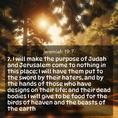 BasicEnglish Jeremiah  ; image nature: image with the bible verse :I will make the purpose of Judah and Jerusalem come to nothing in this place; I will have them put to the sword by their haters, and by the hands of those who have designs on their life; and their dead bodies I will give to be food for the birds of heaven and the beasts of the earth. ; Admire our gallery of Bible verse images showcasing divine beauty in nature—whether snowy peaks or serene oceans. Each image is freely downloadable and perfect for personal or spiritual use. Share verses like KJV Jeremiah 19:7. Current verse is overlayed with the thematic nature scene : Summer heat brings out the scent of pine needles. ; 19:7