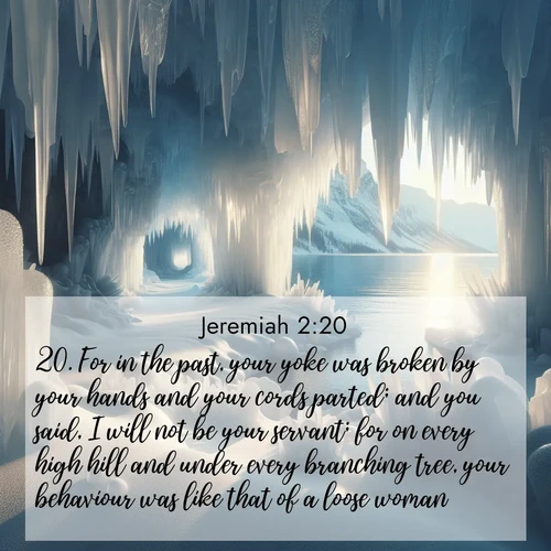BBE Jeremiah 2:20 overlaying nature image scene: Winter ice forms crystal caves along lake cliffs.;20. For in the past, your yoke was broken by your hands and your cords parted; and you said, I will not be your servant; for on every high hill and under every branching tree, your behaviour was like that of a loose woman