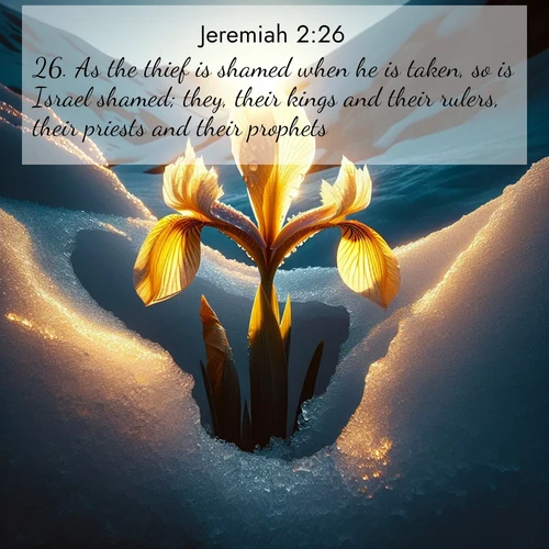 BBE Jeremiah 2:26 overlaying nature image scene: Wild iris breaks through melting snow. Alpine light ignites its petals.;26. As the thief is shamed when he is taken, so is Israel shamed; they, their kings and their rulers, their priests and their prophets;