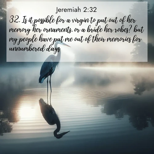 BBE Jeremiah 2:32 overlaying nature image scene: A great blue heron stands motionless in morning fog. Ripples spread from its reflection.;32. Is it possible for a virgin to put out of her memory her ornaments, or a bride her robes? but my people have put me out of their memories for unnumbered days.