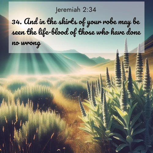 BasicEnglish Jeremiah  ; image nature: image with the bible verse :And in the skirts of your robe may be seen the life-blood of those who have done no wrong: ... ; Admire Bible verse images illustrated by summer photos, such as sunny beaches, sparkling waves, and swaying palm trees. These bright scenes highlight the joy and warmth of God&#039;s creation. Download and share verses like KJV Jeremiah 2:34. Current verse is overlayed with the thematic nature scene : Summer heat brings out the scent of sage in mountain meadows. ; 2:34