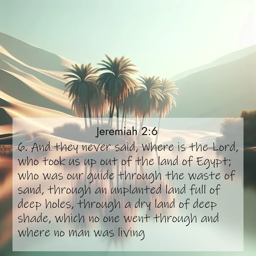 BBE Jeremiah 2:6 overlaying nature image scene: A desert oasis shimmers in the midday heat, palm fronds rustling above still waters.;6. And they never said, Where is the Lord, who took us up out of the land of Egypt; who was our guide through the waste of sand, through an unplanted land full of deep holes, through a dry land of deep shade, which no one went through and where no man was living?