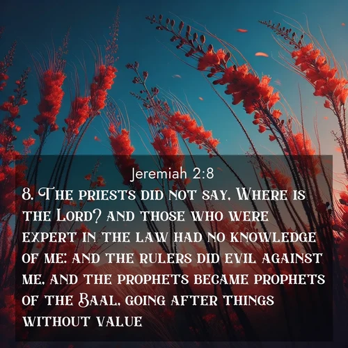 BBE Jeremiah 2:8 overlaying nature image scene: Desert ocotillo flames against blue sky. Wind sings through its scarlet blooms.;8. The priests did not say, Where is the Lord? and those who were expert in the law had no knowledge of me: and the rulers did evil against me, and the prophets became prophets of the Baal, going after things without value.