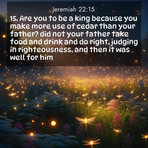 BasicEnglish Jeremiah  ; image nature: image with the bible verse :Are you to be a king because you make more use of cedar than your father? did not your father take food and drink and do right, judging in righteousness, and then it was well for him? ; Explore winter-themed Bible verse images illustrated by snowy mountains, frost-covered branches, and clear skies. These landscapes reflect divine purity and peace. Download verses like KJV Jeremiah 22:15. Current verse is overlayed with the thematic nature scene : Fireflies dance above a spring meadow filled with singing crickets. ; 22:15