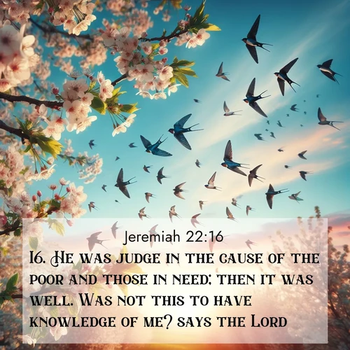 BasicEnglish Jeremiah  ; image nature: image with the bible verse :He was judge in the cause of the poor and those in need; then it was well. Was not this to have knowledge of me? says the Lord. ; Admire our free collection of Bible verse images with beautiful landscapes like sunlit forests, rippling waters, and radiant dawns. Each verse, such as KJV Jeremiah 22:16, is ready to download and share. Current verse is overlayed with the thematic nature scene : Spring migration fills the sky with countless swallows. ; 22:16