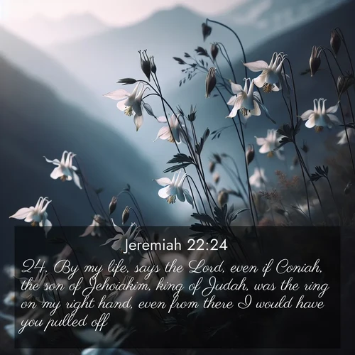 BasicEnglish Jeremiah  ; image nature: image with the bible verse :By my life, says the Lord, even if Coniah, the son of Jehoiakim, king of Judah, was the ring on my right hand, even from there I would have you pulled off; ; Discover inspiring Bible verse images featuring natural wonders like lush forests, sunny horizons, and cascading waterfalls. Perfect for wallpapers or spiritual encouragement. Download verses like KJV Jeremiah 22:24. Current verse is overlayed with the thematic nature scene : Wild columbines dance in breeze. Mountain air carries their perfume. ; 22:24
