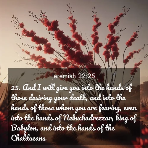 BasicEnglish Jeremiah  ; image nature: image with the bible verse :And I will give you into the hands of those desiring your death, and into the hands of those whom you are fearing, even into the hands of Nebuchadrezzar, king of Babylon, and into the hands of the Chaldaeans. ; Discover inspiring Bible verse images featuring natural wonders like lush forests, sunny horizons, and cascading waterfalls. Perfect for wallpapers or spiritual encouragement. Download verses like KJV Jeremiah 22:25. Current verse is overlayed with the thematic nature scene : Desert ocotillo flames crimson red. Wind sings through thorny branches. ; 22:25