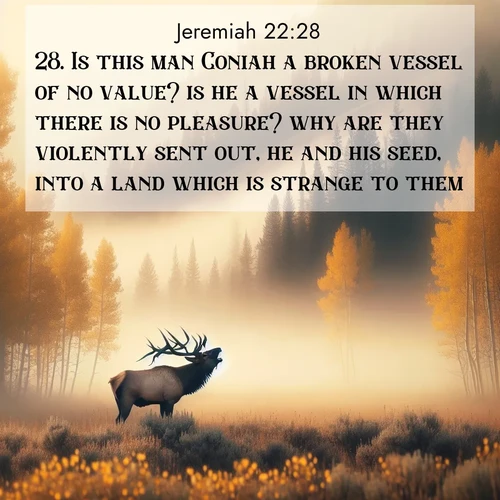BasicEnglish Jeremiah  ; image nature: image with the bible verse :Is this man Coniah a broken vessel of no value? is he a vessel in which there is no pleasure? why are they violently sent out, he and his seed, into a land which is strange to them? ; Browse beautiful Bible verse images accompanied by peaceful scenes like calm seas, ancient forests, and radiant horizons. Download high-quality, free images featuring verses such as KJV Jeremiah 22:28. Current verse is overlayed with the thematic nature scene : A bull elk bugles across a misty valley. Aspen leaves quake golden in response. ; 22:28