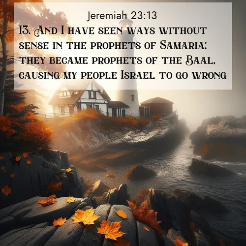 BasicEnglish Jeremiah  ; image nature: image with the bible verse :And I have seen ways without sense in the prophets of Samaria; they became prophets of the Baal, causing my people Israel to go wrong. ; Admire Bible verse images illustrated by desert scenes, such as sunsets over dunes, majestic rocks, and solitary cacti. These images capture the majesty of God in arid places. Download and share verses like KJV Jeremiah 23:13. Current verse is overlayed with the thematic nature scene : Autumn fog shrouds a lighthouse on rocky shores. ; 23:13