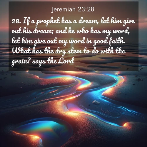 BasicEnglish Jeremiah  ; image nature: image with the bible verse :If a prophet has a dream, let him give out his dream; and he who has my word, let him give out my word in good faith. What has the dry stem to do with the grain? says the Lord. ; Dive into our collection of Bible verses paired with coastal scenes, featuring calming waves, infinite beaches, and reflections of the sun on the water. These images evoke the peace and beauty of God. Share verses like KJV Jeremiah 23:28. Current verse is overlayed with the thematic nature scene : Tidal pools reflect sunset colors at low tide. ; 23:28