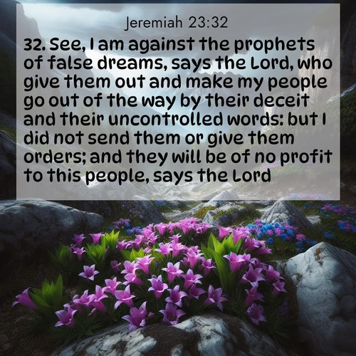 BasicEnglish Jeremiah  ; image nature: image with the bible verse :See, I am against the prophets of false dreams, says the Lord, who give them out and make my people go out of the way by their deceit and their uncontrolled words: but I did not send them or give them orders; and they will be of no profit to this people, says the Lord. ; Download high-resolution Bible verse images showcasing the beauty of God&#039;s creation—from radiant sunsets to tranquil rivers. Free for use as wallpapers or sharing verses like KJV Jeremiah 23:32. Current verse is overlayed with the thematic nature scene : Alpine gentians bloom in rocky crevices. Summer storms gather above treeline. ; 23:32