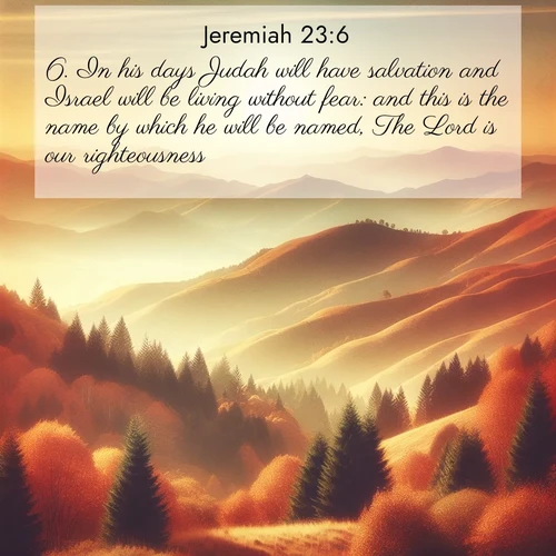 BasicEnglish Jeremiah  ; image nature: image with the bible verse :In his days Judah will have salvation and Israel will be living without fear: and this is the name by which he will be named, The Lord is our righteousness. ; Admire our free collection of Bible verse images with beautiful landscapes like sunlit forests, rippling waters, and radiant dawns. Each verse, such as KJV Jeremiah 23:6, is ready to download and share. Current verse is overlayed with the thematic nature scene : Autumn colors paint hillsides in warm earth tones. ; 23:6