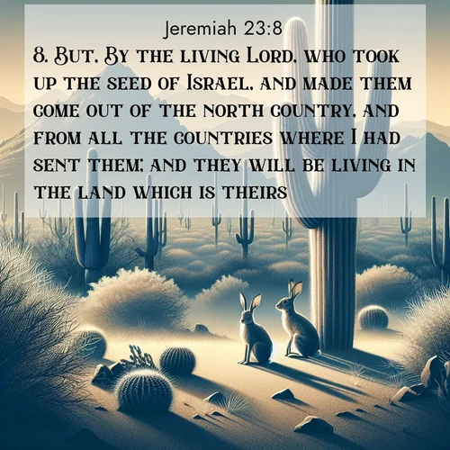 BasicEnglish Jeremiah  ; image nature: image with the bible verse :But, By the living Lord, who took up the seed of Israel, and made them come out of the north country, and from all the countries where I had sent them; and they will be living in the land which is theirs. ; Explore a gallery of beautiful Bible verse images with tranquil natural settings—perfect for phone backgrounds or inspirational posts. Download your favorite verses like KJV Jeremiah 23:8 today. Current verse is overlayed with the thematic nature scene : Desert jackrabbits pause in saguaro shade. Heat waves distort distant peaks. ; 23:8