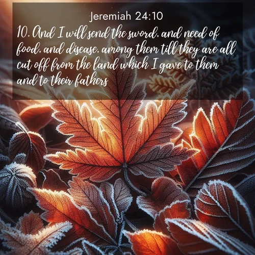 BasicEnglish Jeremiah  ; image nature: image with the bible verse :And I will send the sword, and need of food, and disease, among them till they are all cut off from the land which I gave to them and to their fathers. ; Discover a gallery of Bible verse images showcasing the beauty of autumn, with golden leaves, red forests, and peaceful fields bathed in soft light. These soothing scenes are perfect for accompanying inspiring verses like KJV Jeremiah 24:10. Current verse is overlayed with the thematic nature scene : Autumn frost rims fallen leaves with crystal. ; 24:10