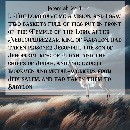 BasicEnglish Jeremiah  ; image nature: image with the bible verse :The Lord gave me a vision, and I saw two baskets full of figs put in front of the Temple of the Lord, after Nebuchadrezzar, king of Babylon, had taken prisoner Jeconiah, the son of Jehoiakim, king of Judah, and the chiefs of Judah, and the expert workmen and metal-workers from Jerusalem, and had taken them to Babylon. ; Discover Bible images illustrated by desert landscapes, like sand dunes, majestic rocks, and starry skies. These images symbolize the grandeur and immensity of God&#039;s creation. Download verses like KJV Jeremiah 24:1. Current verse is overlayed with the thematic nature scene : A pronghorn pauses on wind-swept plains. Storm clouds build dark towers above. ; 24:1