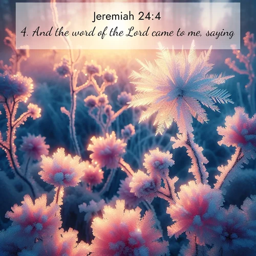 BasicEnglish Jeremiah  ; image nature: image with the bible verse :And the word of the Lord came to me, saying, ; Admire our gallery of Bible verse images showcasing divine beauty in nature—whether snowy peaks or serene oceans. Each image is freely downloadable and perfect for personal or spiritual use. Share verses like KJV Jeremiah 24:4. Current verse is overlayed with the thematic nature scene : Morning light reveals frost flowers. Rainbow crystals bloom on bare branches. ; 24:4