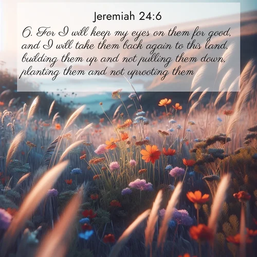 BasicEnglish Jeremiah  ; image nature: image with the bible verse :For I will keep my eyes on them for good, and I will take them back again to this land, building them up and not pulling them down, planting them and not uprooting them. ; Explore a stunning collection of Bible verse images featuring picturesque scenery like sun-drenched meadows, tranquil lakes, and majestic forests. All images are free to download and share. Verses include KJV Jeremiah 24:6. Current verse is overlayed with the thematic nature scene : Summer wildflowers wave in the breeze on coastal bluffs. ; 24:6