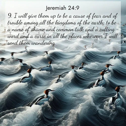 BasicEnglish Jeremiah  ; image nature: image with the bible verse :I will give them up to be a cause of fear and of trouble among all the kingdoms of the earth; to be a name of shame and common talk and a cutting word and a curse in all the places wherever I will send them wandering. ; Dive into a gallery of Bible verses illustrated by tropical beach scenes, featuring sparkling waves, seashells, and radiant sunrises. These images evoke divine peace and joy. Download and share inspiring verses like KJV Jeremiah 24:9. Current verse is overlayed with the thematic nature scene : Wild mergansers ride river rapids. Their wakes create endless patterns. ; 24:9