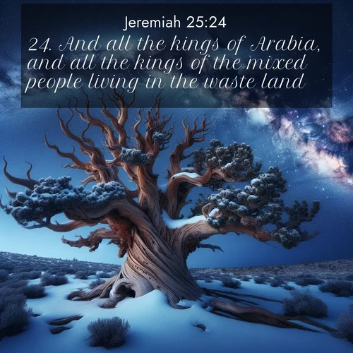 BBE Jeremiah 25:24 overlaying nature image scene: Ancient bristlecone pine twists against a navy twilight sky, its gnarled branches laden with fresh snow. The Milky Way arcs overhead in crystalline clarity.;24. And all the kings of Arabia, and all the kings of the mixed people living in the waste land;
