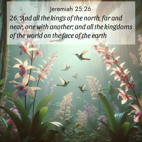 BBE Jeremiah 25:26 overlaying nature image scene: Wild orchids bloom in rainforest canopy. Hummingbirds dance between delicate petals.;26. And all the kings of the north, far and near, one with another; and all the kingdoms of the world on the face of the earth.