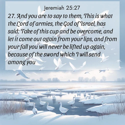 BBE Jeremiah 25:27 overlaying nature image scene: Snow geese take flight from a winter marsh. Their wings flash white against leaden skies.;27. And you are to say to them, This is what the Lord of armies, the God of Israel, has said: Take of this cup and be overcome, and let it come out again from your lips, and from your fall you will never be lifted up again, because of the sword which I will send among you.