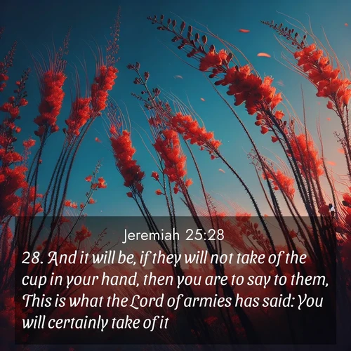 BBE Jeremiah 25:28 overlaying nature image scene: Desert ocotillo flames against blue sky. Wind sings through its scarlet blooms.;28. And it will be, if they will not take of the cup in your hand, then you are to say to them, This is what the Lord of armies has said: You will certainly take of it.