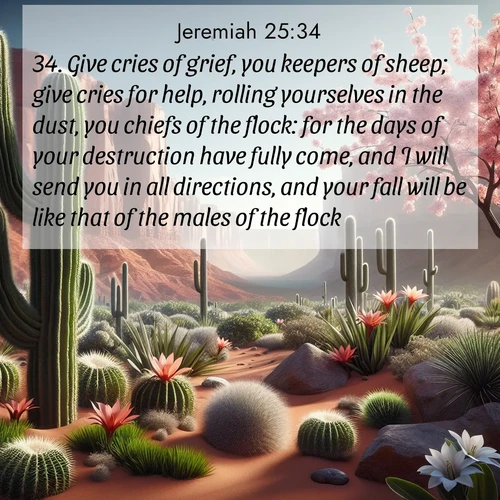 BBE Jeremiah 25:34 overlaying nature image scene: Desert cacti burst with spring blooms against red sandstone formations.;34. Give cries of grief, you keepers of sheep; give cries for help, rolling yourselves in the dust, you chiefs of the flock: for the days of your destruction have fully come, and I will send you in all directions, and your fall will be like that of the males of the flock.