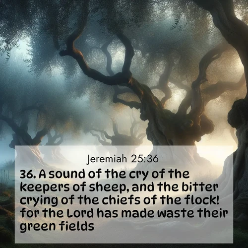 BBE Jeremiah 25:36 overlaying nature image scene: Mist rolls through an ancient olive grove at dawn. Each gnarled trunk tells stories of centuries past.;36. A sound of the cry of the keepers of sheep, and the bitter crying of the chiefs of the flock! for the Lord has made waste their green fields.
