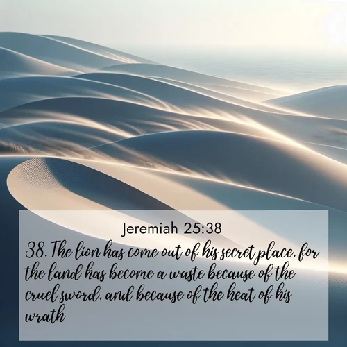 BBE Jeremiah 25:38 overlaying nature image scene: Coastal dunes shift slowly beneath constant winds.;38. The lion has come out of his secret place, for the land has become a waste because of the cruel sword, and because of the heat of his wrath.