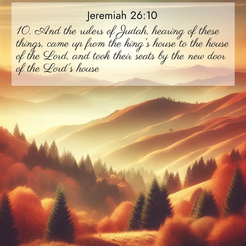 BBE Jeremiah 26:10 overlaying nature image scene: Autumn colors paint hillsides in warm earth tones.;10. And the rulers of Judah, hearing of these things, came up from the king's house to the house of the Lord, and took their seats by the new door of the Lord's house.
